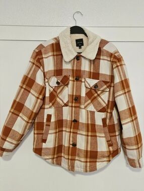 Love Tree Rust and Cream Plaid Sherpa Collar Shirt Jacket